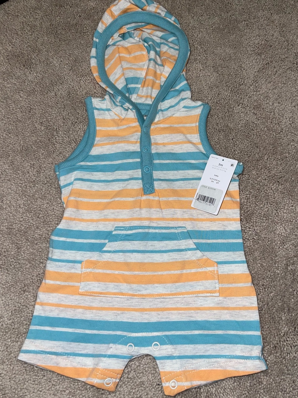 NWT Carter’s Sleeveless Hooded Stripe Romper in Teal, Orange & White